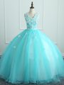 Noble Aqua Blue Ball Gowns Appliques Sweet 16 Quinceanera Dress Lace Up Organza Sleeveless Floor Length