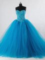 Wonderful Sleeveless Tulle Floor Length Lace Up Ball Gown Prom Dress in Baby Blue with Beading