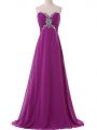 Eggplant Purple Chiffon Lace Up Sweetheart Sleeveless Prom Party Dress Brush Train Beading and Ruching