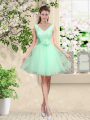 Suitable Apple Green Tulle Lace Up V-neck Sleeveless Knee Length Wedding Party Dress Lace and Belt