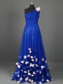 On Sale Royal Blue One Shoulder Side Zipper Beading and Hand Made Flower Prom Dresses Sleeveless