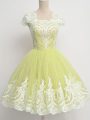 Yellow Green A-line Square Cap Sleeves Tulle Knee Length Zipper Lace Bridesmaid Dresses
