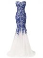 Blue And White Tulle Lace Up Going Out Dresses Sleeveless Brush Train Lace and Appliques