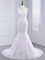 Eye-catching White Backless Wedding Gowns Lace Sleeveless Brush Train