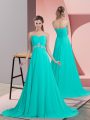 Exquisite Turquoise Empire Chiffon Sweetheart Sleeveless Beading Lace Up Homecoming Dress Brush Train