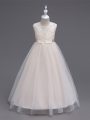 Elegant Champagne Tulle Zipper Little Girls Pageant Dress Sleeveless Floor Length Lace