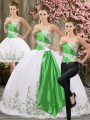 Sweetheart Sleeveless Quince Ball Gowns Floor Length Embroidery and Belt White Organza