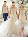White Tulle Clasp Handle Off The Shoulder Half Sleeves Wedding Gown Court Train Lace