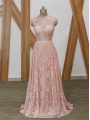 Excellent Sleeveless Floor Length Beading Zipper Evening Dress with Pink Brush Train