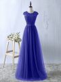 Tulle Scoop Short Sleeves Zipper Lace Prom Dress in Blue