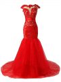Sexy Red Mermaid Tulle Scoop Cap Sleeves Lace and Appliques and Ruching Zipper Prom Party Dress Brush Train