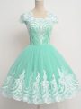Gorgeous Cap Sleeves Knee Length Lace Zipper Bridesmaid Dress with Apple Green
