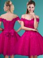 Best Fuchsia A-line Off The Shoulder Cap Sleeves Tulle Knee Length Lace Up Lace and Belt Bridesmaid Dress