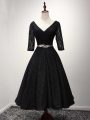 New Arrival Black Lace Lace Up Prom Dress Half Sleeves Ankle Length Lace and Belt