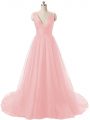 Simple Baby Pink V-neck Neckline Ruching Prom Dress Sleeveless Zipper