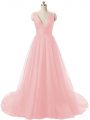 Simple Baby Pink V-neck Neckline Ruching Prom Dress Sleeveless Zipper