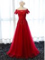 Custom Design Wine Red A-line Beading and Lace and Appliques Homecoming Dresses Lace Up Tulle Short Sleeves Floor Length