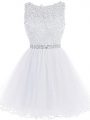 White A-line Beading and Lace and Appliques Prom Party Dress Zipper Tulle Sleeveless Mini Length