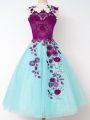 Fashion Aqua Blue A-line Tulle Straps Sleeveless Appliques Knee Length Lace Up Bridesmaids Dress