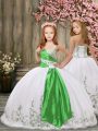 Gorgeous White Ball Gowns Straps Sleeveless Organza Floor Length Lace Up Embroidery and Belt Little Girl Pageant Gowns