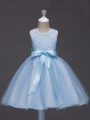 Light Blue Ball Gowns Lace and Belt Little Girls Pageant Gowns Zipper Tulle Sleeveless Knee Length