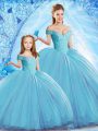 Baby Blue Lace Up Off The Shoulder Beading Quince Ball Gowns Organza Sleeveless Sweep Train