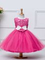 Hot Pink Zipper Little Girls Pageant Dress Wholesale Lace and Bowknot Sleeveless Knee Length