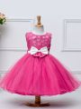 Hot Pink Zipper Little Girls Pageant Dress Wholesale Lace and Bowknot Sleeveless Knee Length