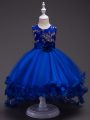 Latest Royal Blue Tulle Zipper Little Girls Pageant Dress Wholesale Sleeveless High Low Appliques and Hand Made Flower