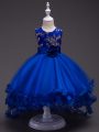 Latest Royal Blue Tulle Zipper Little Girls Pageant Dress Wholesale Sleeveless High Low Appliques and Hand Made Flower