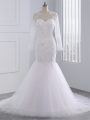 Customized White Tulle Zipper Scoop Long Sleeves Wedding Gown Brush Train Beading and Lace and Appliques