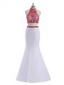 Beautiful White Two Pieces Beading Prom Dresses Criss Cross Satin Sleeveless Floor Length