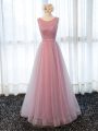 Tulle Scoop Sleeveless Zipper Beading and Belt Evening Dress in Pink