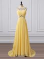 Beautiful Yellow Sleeveless Brush Train Beading and Ruching Party Dress for Girls
