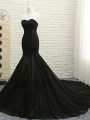 Black Sleeveless Court Train Lace and Appliques Evening Dress