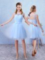 Noble Tulle Sleeveless Knee Length Dama Dress for Quinceanera and Ruching and Belt