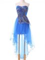 Sleeveless High Low Appliques Lace Up Homecoming Dress with Blue