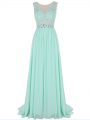 Superior Sleeveless Chiffon Brush Train Backless Going Out Dresses in Apple Green with Beading and Lace and Appliques