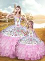 New Style Embroidery and Ruffled Layers Ball Gown Prom Dress Rose Pink Lace Up Sleeveless Floor Length