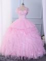 Pink 15 Quinceanera Dress Military Ball and Sweet 16 and Quinceanera with Beading and Ruffles Sweetheart Sleeveless Lace Up