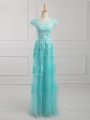 Empire Mother Of The Bride Dress Aqua Blue Scoop Tulle Short Sleeves Floor Length Lace Up