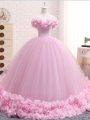Baby Pink Tulle Lace Up Sweet 16 Quinceanera Dress Sleeveless Brush Train Hand Made Flower