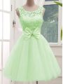 Affordable Scoop Sleeveless Damas Dress Knee Length Lace and Bowknot Yellow Green Tulle