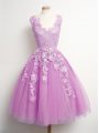 Best A-line Bridesmaid Dress Lilac V-neck Tulle Sleeveless Knee Length Lace Up