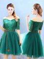 Fine Green A-line Tulle Off The Shoulder Half Sleeves Lace Knee Length Lace Up Bridesmaids Dress