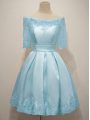 Light Blue A-line Lace Bridesmaids Dress Lace Up Taffeta Half Sleeves Knee Length