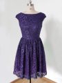 Purple Lace Up Scoop Lace Bridesmaid Dresses Lace Cap Sleeves
