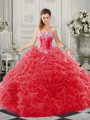 Cute Red Ball Gowns Sweetheart Sleeveless Organza Court Train Lace Up Beading and Ruffles Quinceanera Dresses
