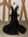 Most Popular Long Sleeves Chiffon Brush Train Zipper Mother Of The Bride Dress in Black with Lace and Appliques