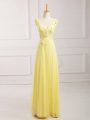 Chic Yellow Chiffon Zipper Homecoming Dress Sleeveless Floor Length Lace and Appliques and Belt